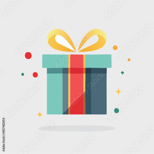 Vibrantly colored gift box illustration featuring a golden bow and festive confetti, symbolizing celebration, joy, and the spirit of giving for any special occasion or happy event