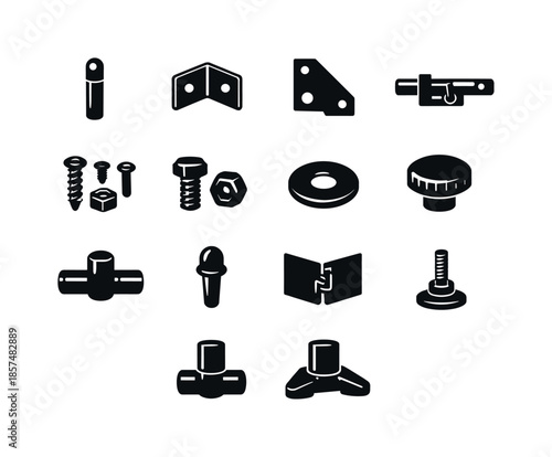 Folding Screen Hardware Icons. Folding screen hardware. Solid icon set of folding screen hardware: hinge pin, bracket, corner brace, latch, screw set, bolt and