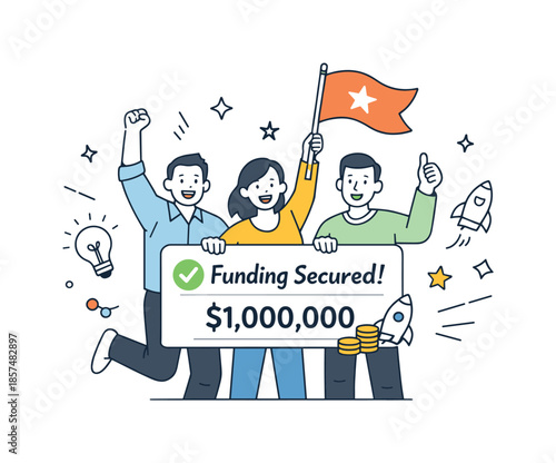 Startup Celebration Scene. Successful funding milestone. A startup team celebrating with a flag and secured funding card. Positive achievement, confidence, and