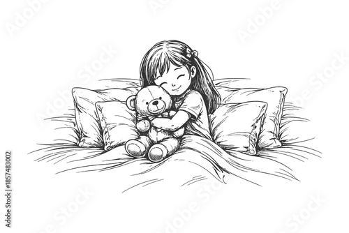 Sick child resting in bed with teddy bear, caring black and white line art vector illustration about illness and recovery