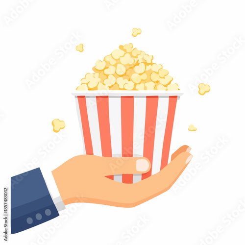 Vivid vector illustration depicting a person's hand offering a generously filled, classic red and white striped popcorn bucket, perfect for enjoying movies, events, and festive entertainment moments