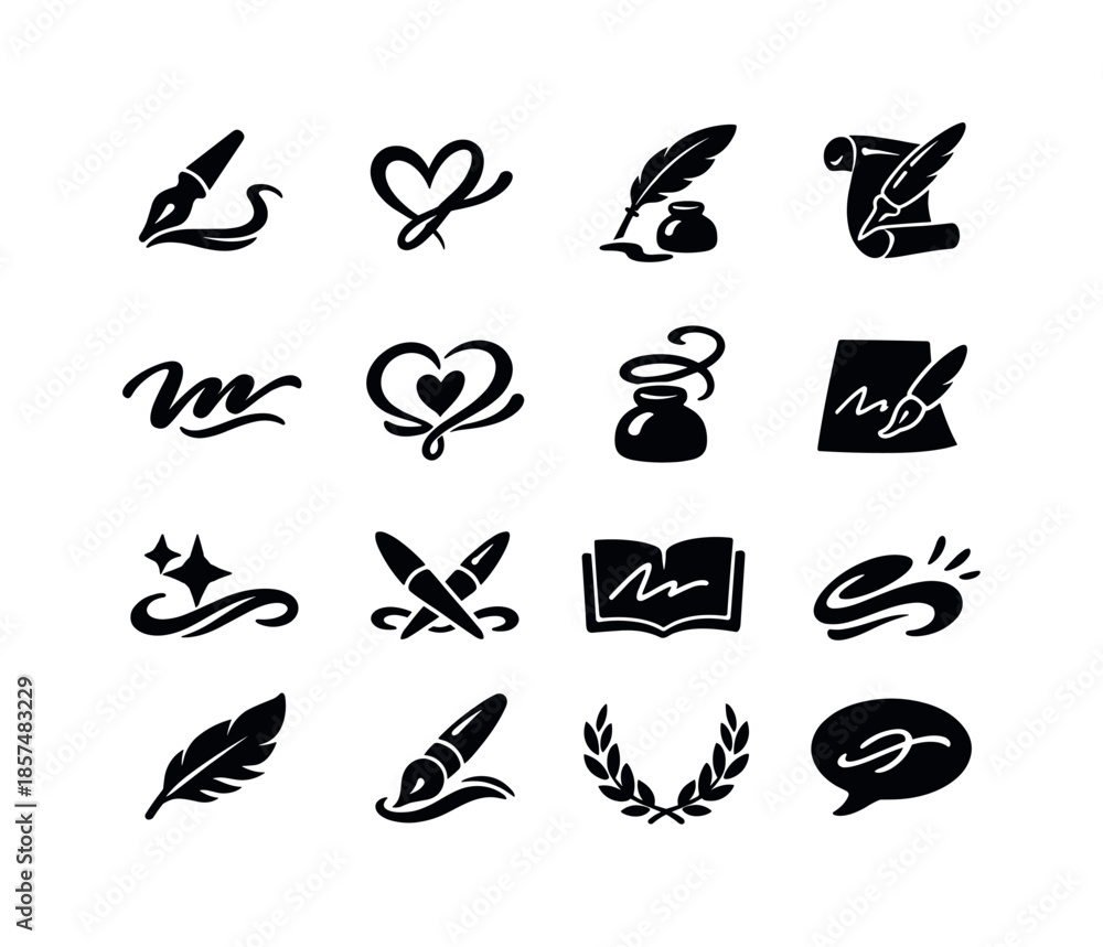Fototapeta premium Modern Calligraphy Icons. Modern Calligraphy. Solid icon set of Modern Calligraphy: loose script style, bouncing letters, contemporary lettering, minimalist