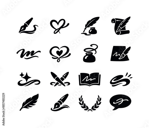 Modern Calligraphy Icons. Modern Calligraphy. Solid icon set of Modern Calligraphy: loose script style, bouncing letters, contemporary lettering, minimalist