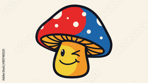 Smiling Cartoon Mushroom Character with Angry Eye.