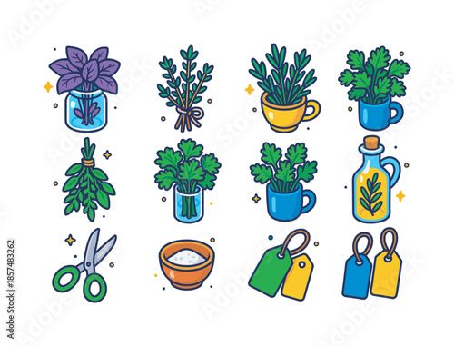 Herb Bouquets Kitchen Icons. Herb bouquets in the kitchen. Colorful isometric vector icons set of Herb bouquets in the kitchen: bunch of basil in jar, thyme