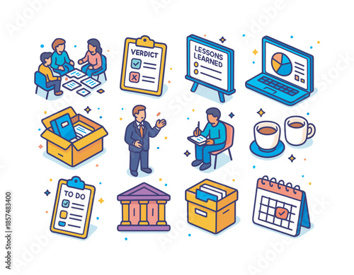 Post-Trial Icon Set. Post trial debrief. Colorful isometric vector icons set of Post trial debrief: team seated around scattered papers, verdict form on table,