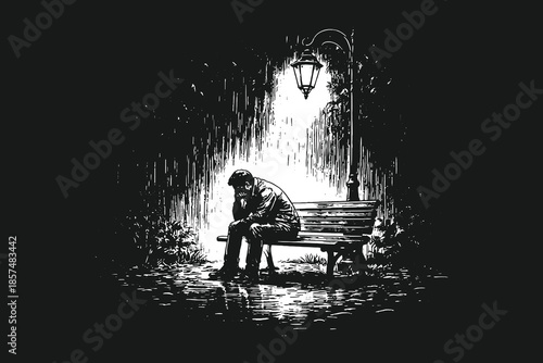 Lonely man sitting on bench at night under streetlight, dark emotional black and white sketch style vector illustration