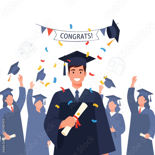 A group of graduates celebrating, confetti, tossing caps. "Congrats!" banner