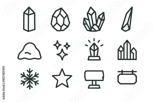 Crystal Icon Set. Crystal sculptures. Line outline icon set of Crystal sculptures: crystal tower, faceted ice