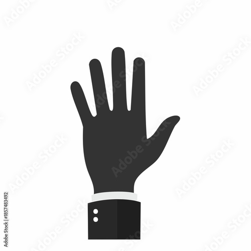A black hand with fingers spread wide is raised, wearing a suit cuff, symbolizing a gesture of greeting, stopping, or counting