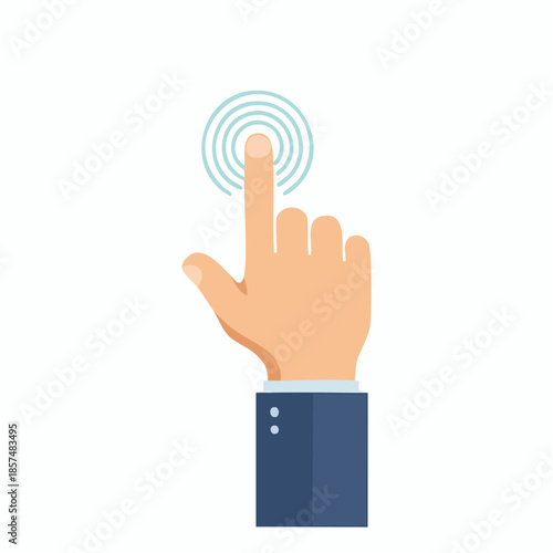 Conceptual vector illustration representing a human hand with an index finger touching a surface, indicating a click, tap, or interaction with digital technology