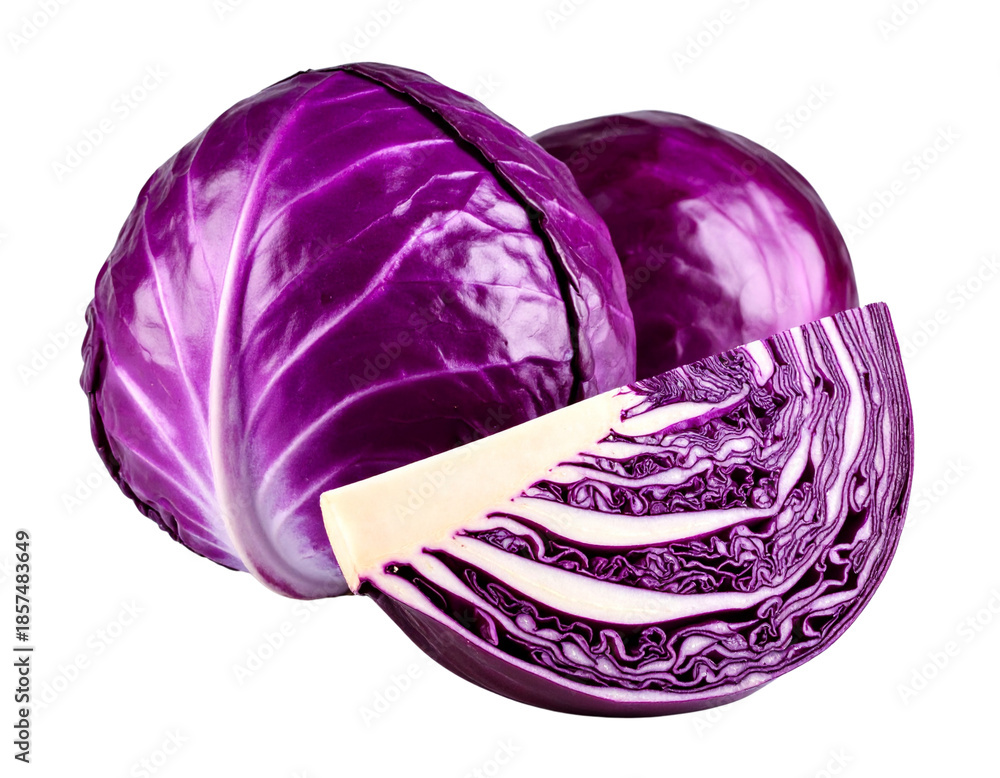 Fototapeta premium Isolated red cabbage head and slice, cut out