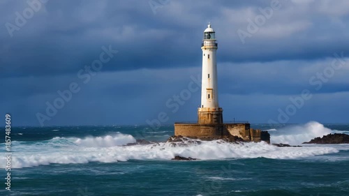 A lonely lighthouse standing in stormy sea, cinematic isolation and ocean spray realism