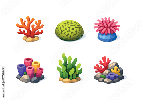 Vibrant Coral Icons. Coral reef. Isometric flat vector icons set of coral reef: branching coral, brain coral, anemone, colorful sponge, seaweed cluster, coral