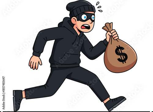 Cartoon thief running with money bag, masked criminal in black outfit escaping robbery, vector illustration for crime, theft, danger, or security themes.