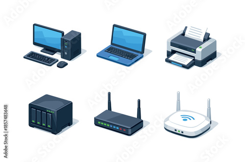 Isometric Network Icons. Computer Network. Isometric flat vector icons set of Computer Network: desktop computer, laptop, network printer, NAS storage, modem