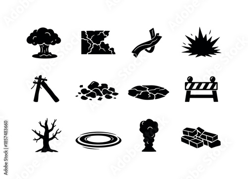 Explosion Aftermath Icons. Explosion aftermath. Solid icon set of Explosion aftermath: blast cloud, shattered wall, twisted metal beam, scorch mark, broken