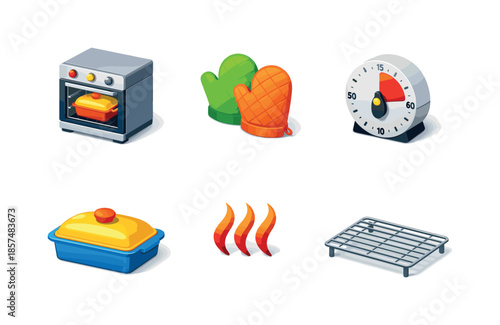 Isometric Baking Icons. Baking process. Isometric flat vector icons set of baking process: oven with casserole, oven mitts, timer clock, baking dish lid, heat
