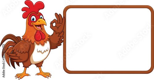 Cartoon vector illustration of happy rooster giving okay hand sign, standing next to blank wooden board, farm animal character, friendly, cheerful, presentation background.