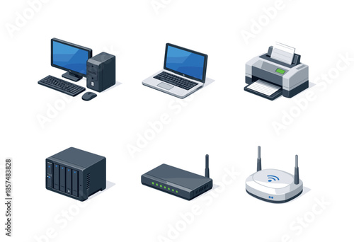 Isometric Network Icons. Computer Network. Isometric flat vector icons set of Computer Network: desktop computer, laptop, network printer, NAS storage, modem