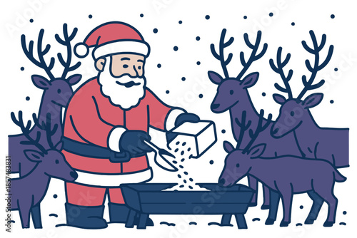 Santa's Morning Feeding. Morning feeding ritual. Santa pours oats into a trough as reindeer gather; soft