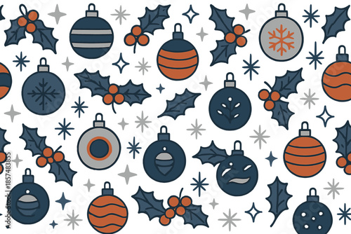Stylized Winter Ornaments. Winter ornament repeat. Simple stylized baubles and holly leaves form a clean