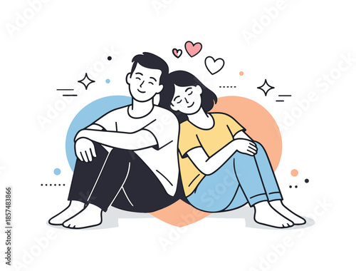 Peaceful Couple Harmony. Healthy relationship. Couple sitting side by side with overlapping shapes and shared space, symbolizing trust and balance. Peaceful
