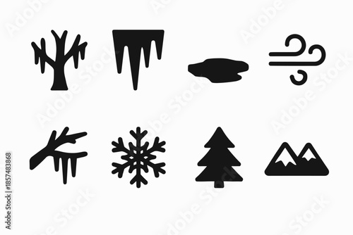 Frozen Forest Icons. Frozen forest. Filled icon set of Frozen forest: frozen tree, icicle cluster, icy ground,