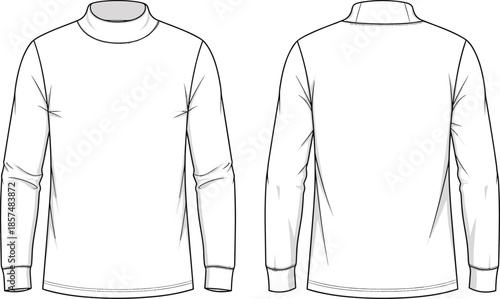 Mens mock neck long sleeve shirt cad drawing, front back view, minimal apparel clothing flat vector illustration design fashion technical