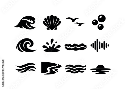 Ocean Ambience Icons. Ocean ambience. Solid icon set of ocean ambience: wave crest, shell icon, distant seagull, underwater bubble, soft tide swirl, splash
