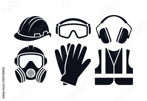 Silhouette of safety equipment including hard hat goggles mask gloves vest hardhat.