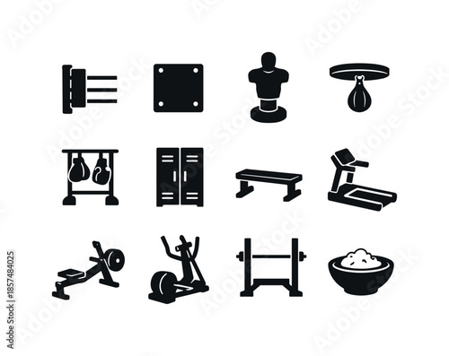 Boxing Gym Icons. Boxing gym equipment. Solid icon set of boxing gym equipment: boxing ring corner, wall pad, punching dummy, speed bag platform, rack, locker,