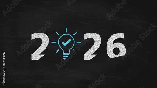 2026 Chalk Write-on Animation on Blackboard With Blue Light Bulb and Check Mark Symbol
