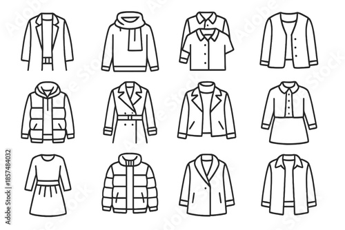 Winter Fashion Icons. Winter fashion layers. Line outline icon set of winter fashion layers: long coat over