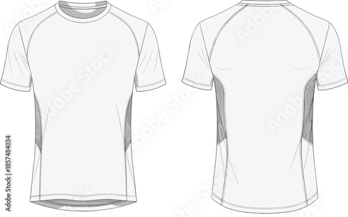 Mens performance raglan t shirt cad drawing, short sleeve athletic top front back view, clothing flat vector illustration technical
