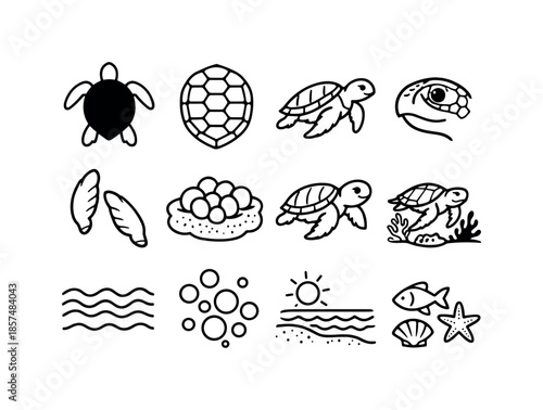 Sea Turtle Icon Set. Sea Turtle. Line icon set of Sea Turtle: sea turtle silhouette, turtle shell pattern, swimming turtle, turtle head, turtle flippers,