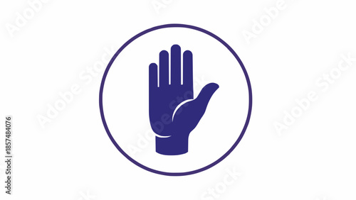 Blue hand gesture icon with palm facing outward in a circle on white background, symbolizing stop or rejection in a simple graphic design element for various usage scenarios