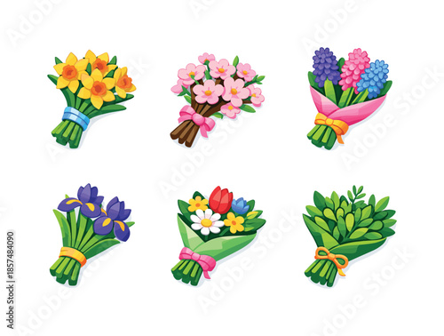 Spring Flower Icons. Spring flowers. Isometric flat vector icons set of spring flowers: daffodil bouquet, cherry blossom bundle, hyacinth bouquet, iris