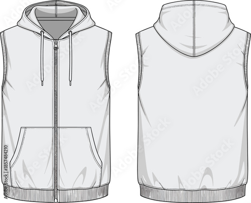 Sleeveless hooded zip vest cad drawing, front back view hoodie vest, casual apparel clothing flat vector illustration fashion design