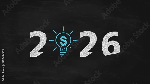 2026 Chalk Write-on Animation on Blackboard With Blue Light Bulb and Dollar Sign Symbol