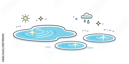 Sunlit Puddles Delight. Sunlight reflected in puddles. Simple water puddles with gentle sun highlights and soft ripples, expressing freshness after rain. Clean