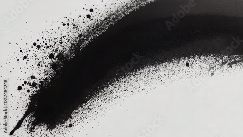 Abstract splash of black ink across white canvas, cinematic minimal energy 