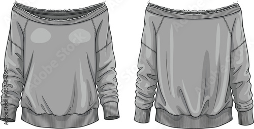 Off shoulder sweatshirt cad drawing, womens long sleeve pullover front back view, casual clothing flat vector illustration fashion design