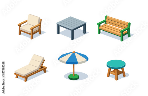 Outdoor Furniture Icons. Outdoor furniture pieces. Isometric flat vector icons set of Outdoor furniture pieces: patio chair, outdoor dining table, garden