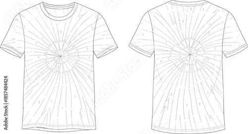 Tie dye t shirt cad drawing, front back view pattern template, clothing flat vector illustration for fashion design technical apparel