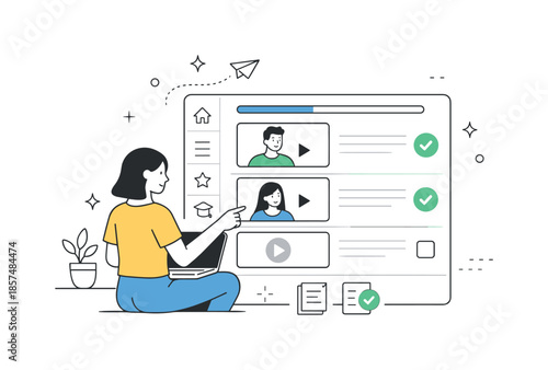 Digital Learning Experience. Digital learning platform. A user navigating an online course interface with video cards and checkmarks. Modern, accessible