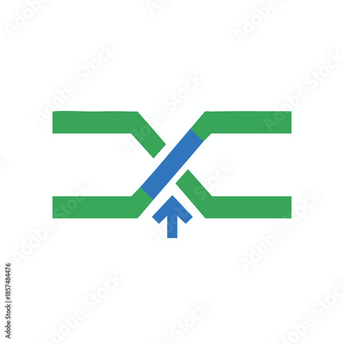 Abstract composition of green, blue, and white; with an upward arrow