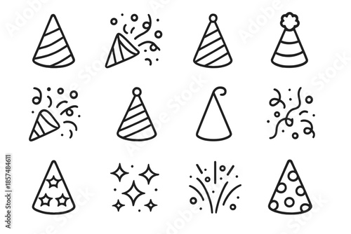 Party Icon Grid. Birthday party icons. Line outline icon set of birthday party icons: party hat, confetti