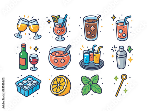 Party Drink Icons. Drink party. Colorful isometric vector icons set of drink party: clinking glasses, fruity cocktail, punch bowl, soda glass, wine bottle,