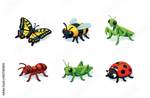 Garden Insect Icons. Garden insects. Isometric flat vector icons set of Garden insects: swallowtail butterfly, bumblebee, praying mantis, ant, grasshopper,